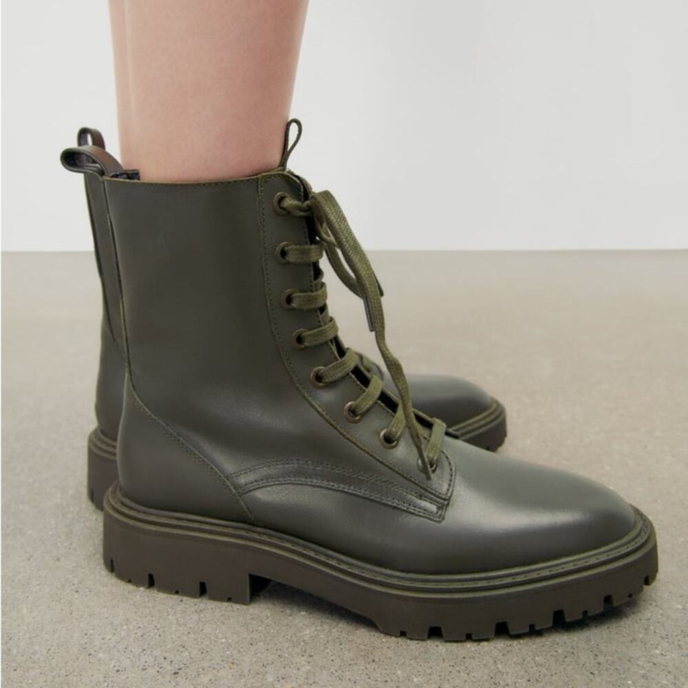 ZARA LOW HEEL LACED LEATHER ANKLE BOOTS KHAKI GREEN